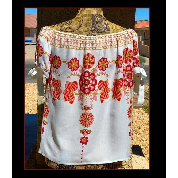 Blush BJ Pretty Airy Blouse Framed By Puffed Tie Sleeves Size Large - Picture 3 of 6